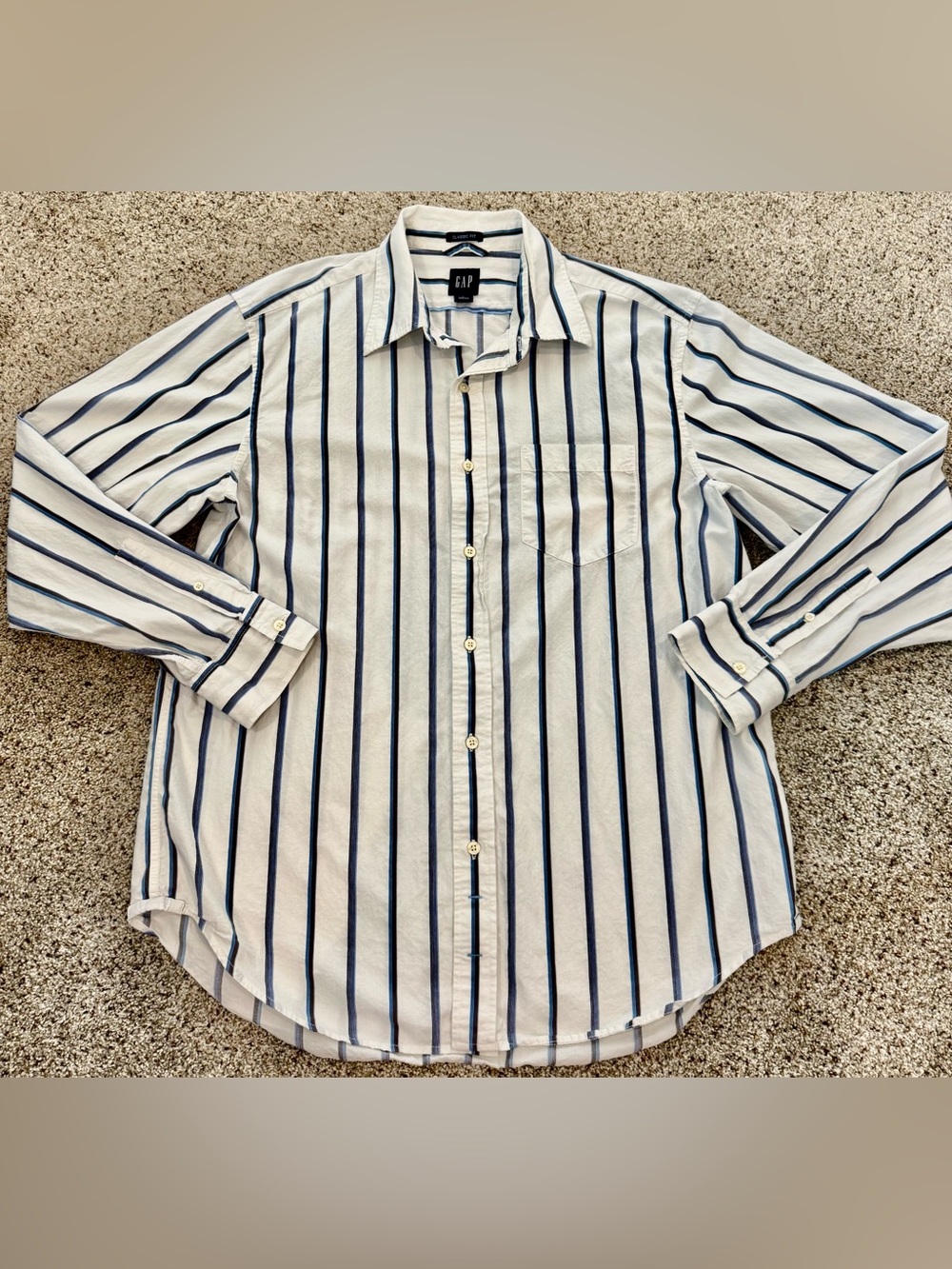 GAP Men's White Button-Down Shirt with Navy Stripes